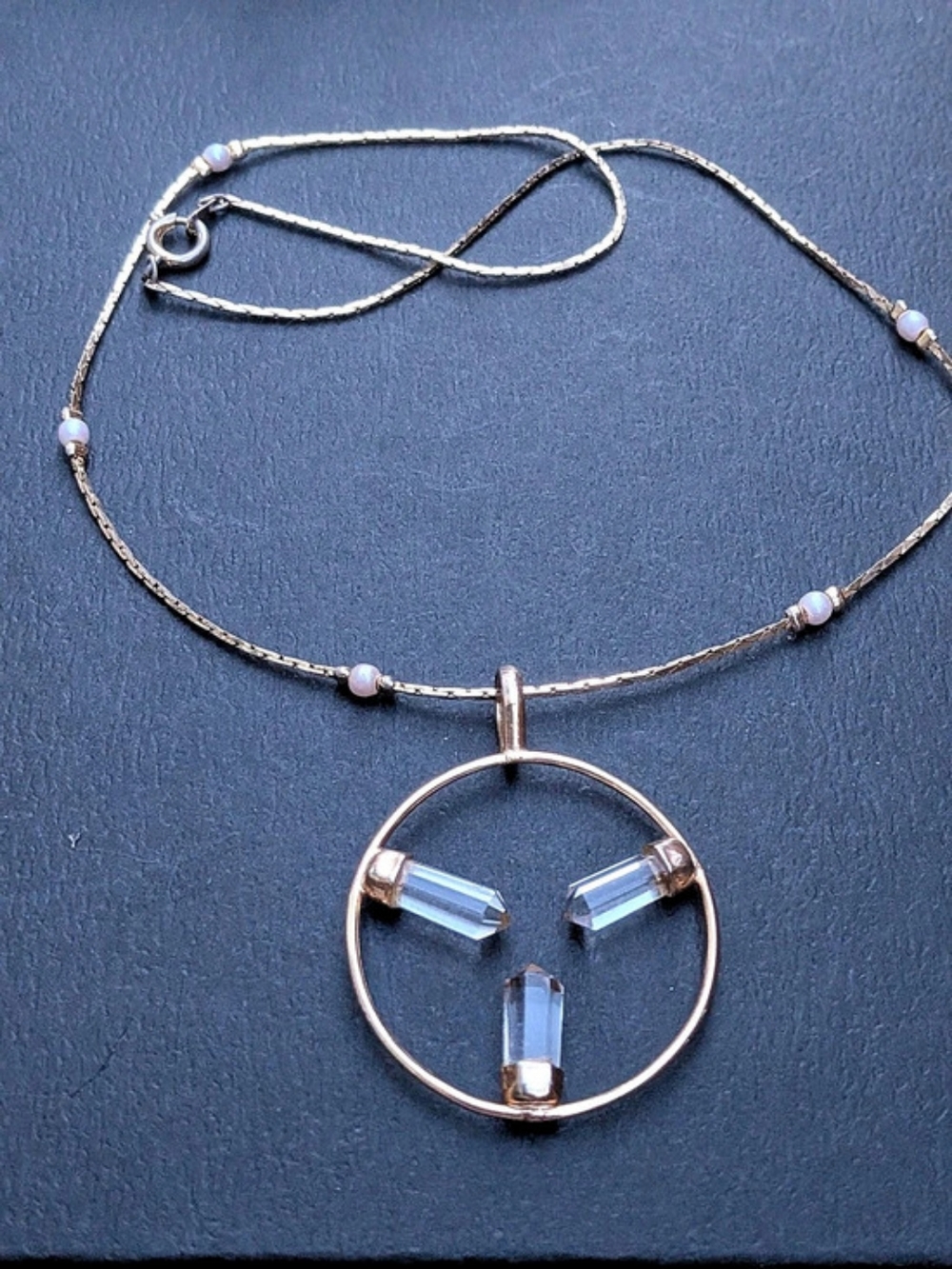 Vintage Gold Trio Quartz Crystal Celestial Pendant Necklace 16"